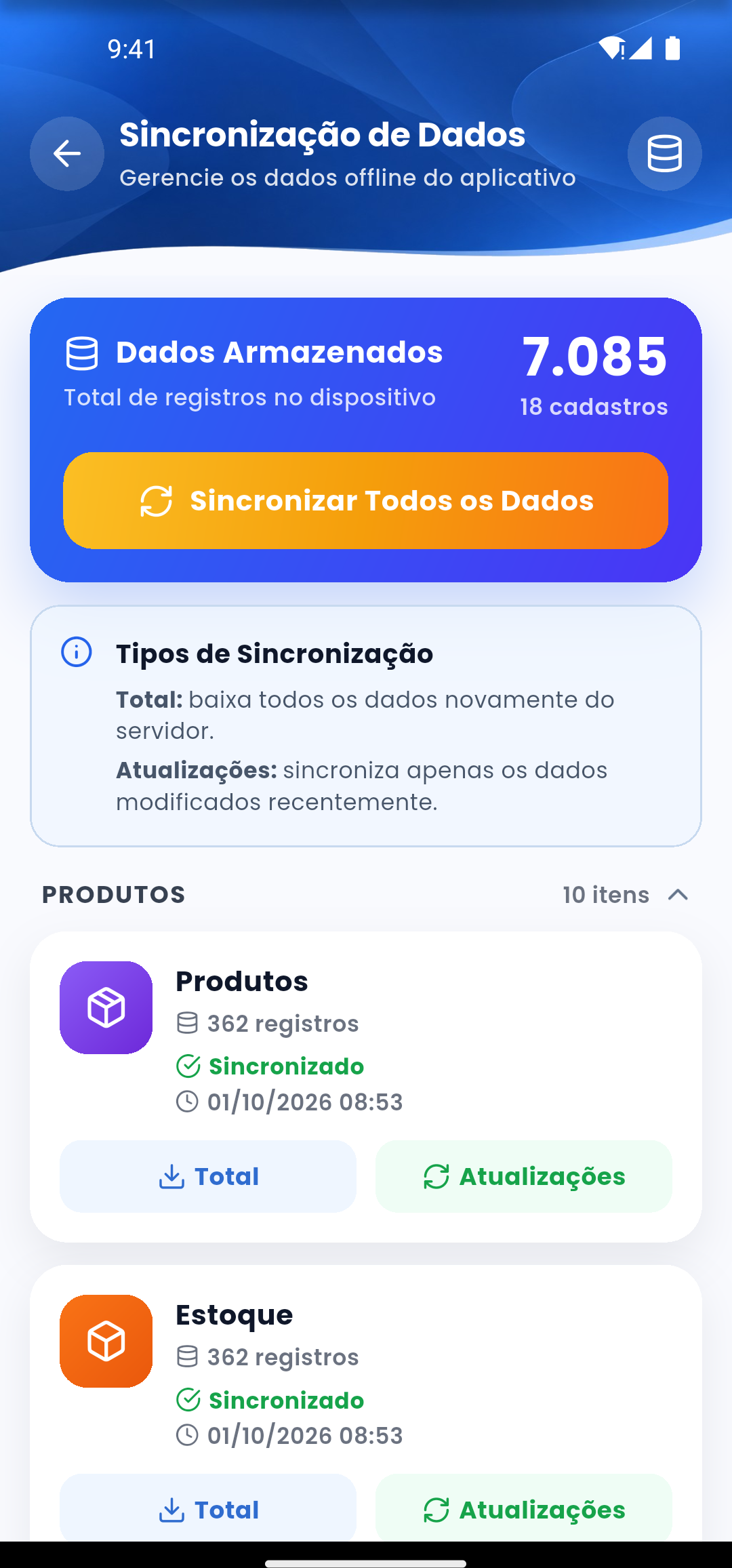 Tela real de Sincronização de Dados com opções Total e Atualizações