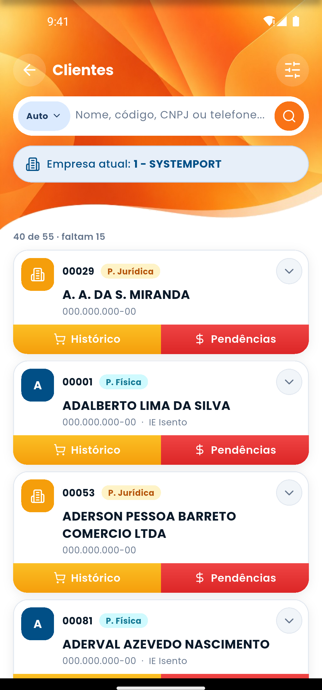 Lista real de clientes no aplicativo