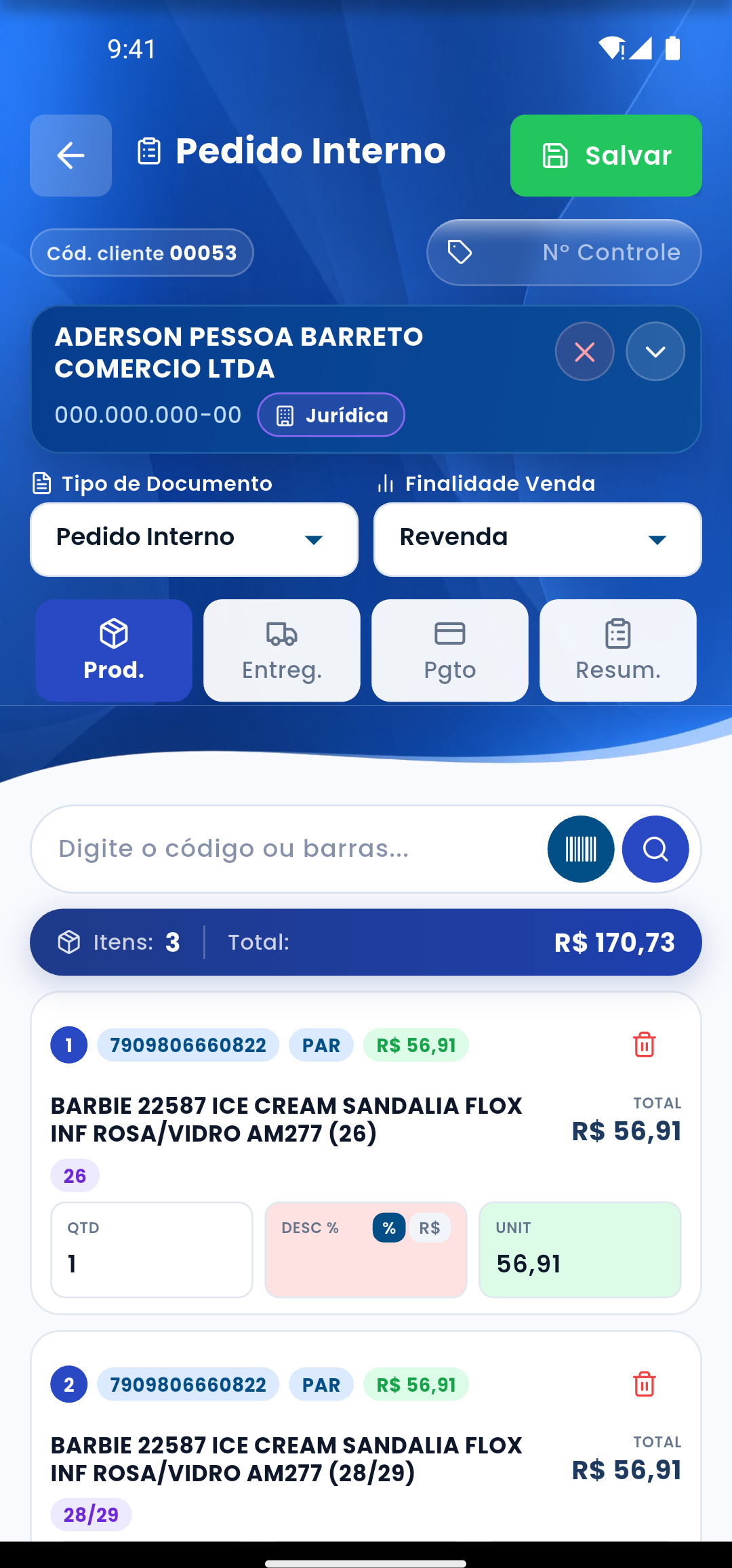 Tela real de itens do Pedido Interno no aplicativo