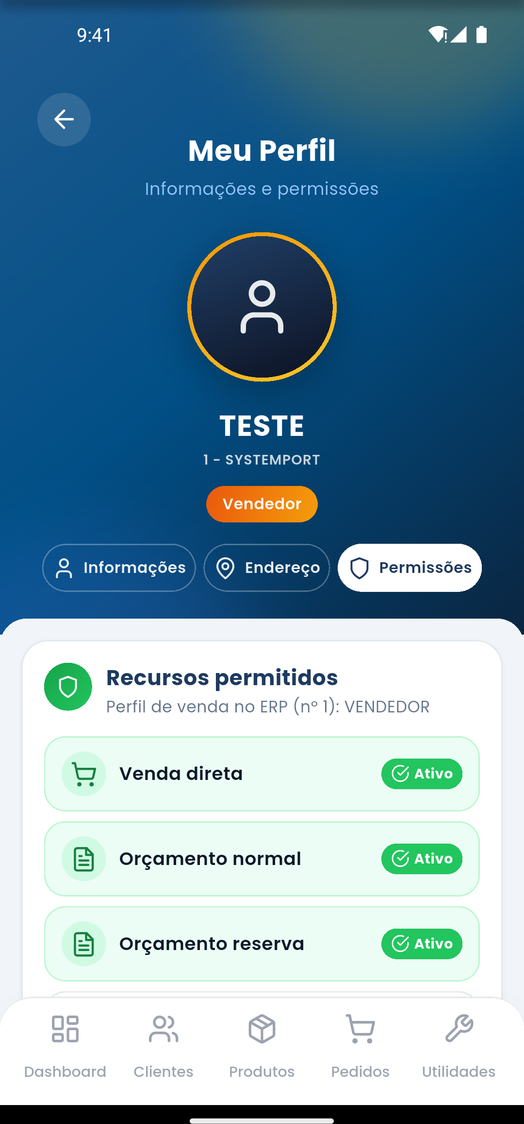 Tela real de perfil e permissões do vendedor
