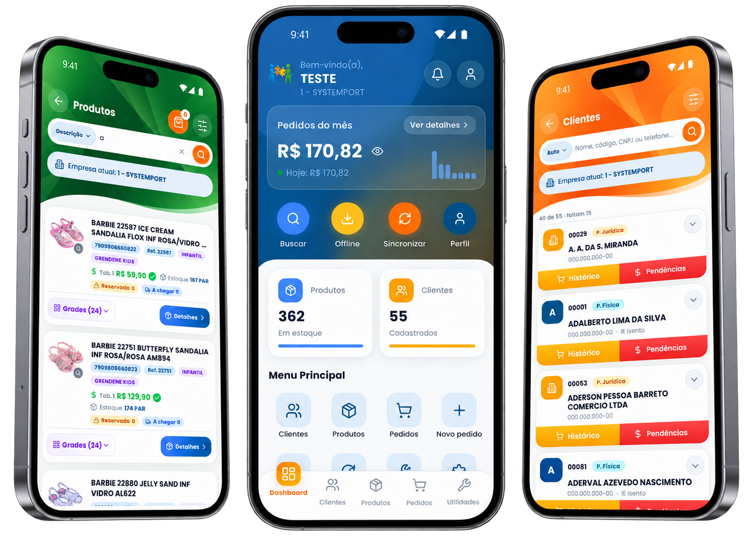 Aplicativo de vendas exibido em três celulares