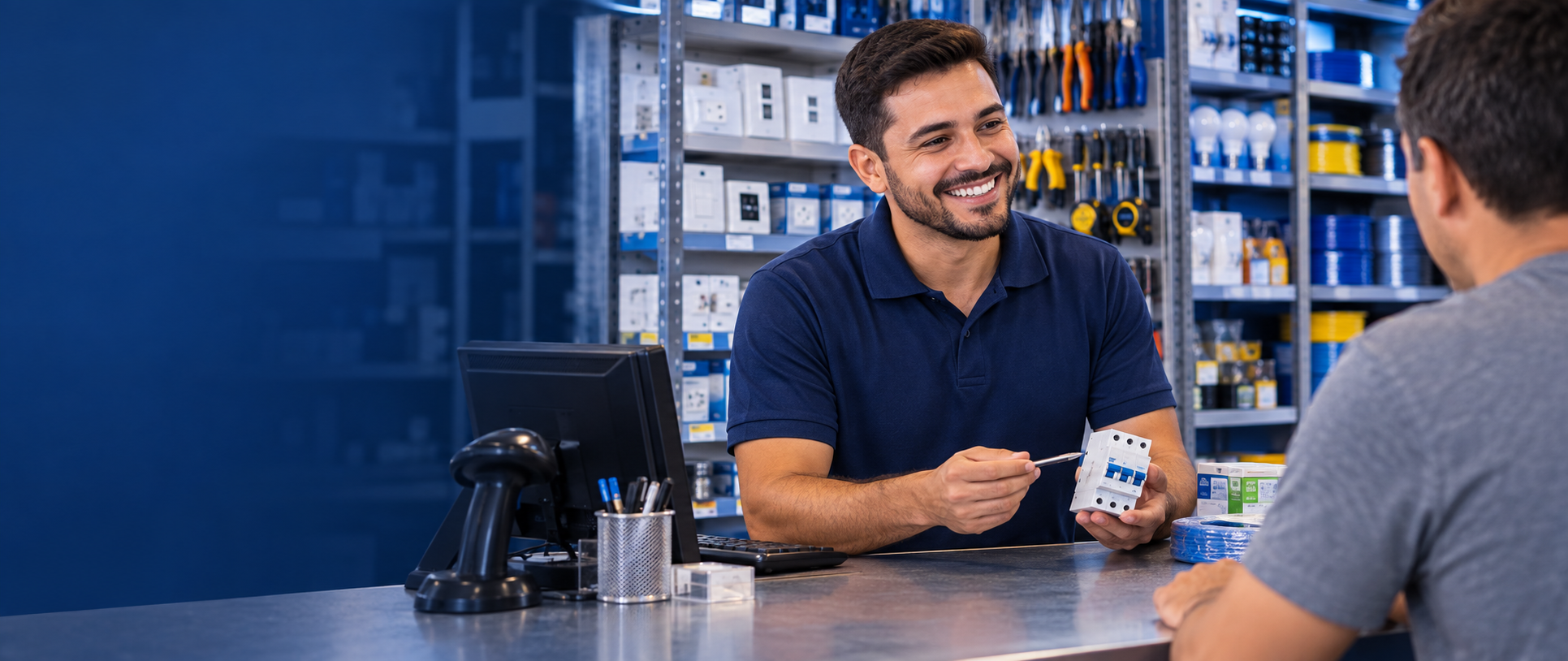 Vendedor atendendo cliente no balcão com o sistema ao lado