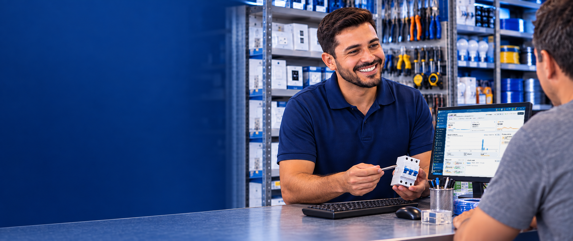 Vendedor atendendo um cliente com o System Commerce no balcão