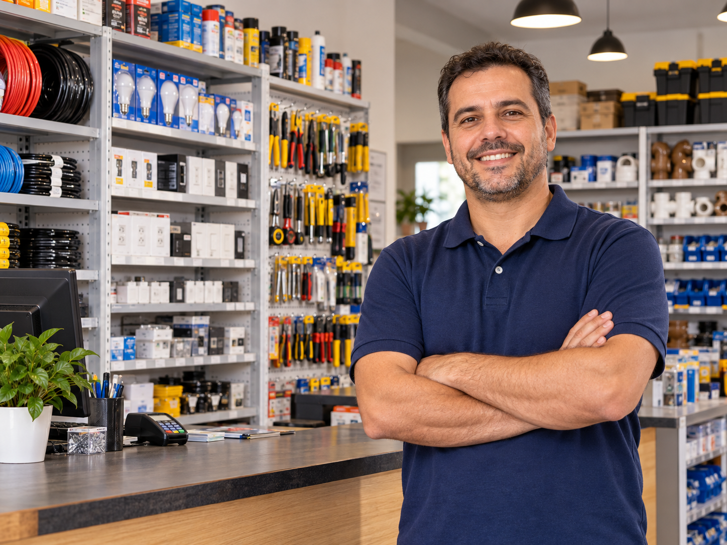 Proprietário em loja de materiais elétricos organizada