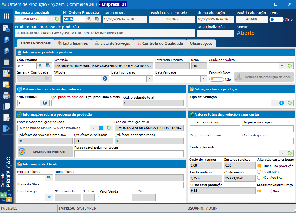 Tela real do Controle de Produção do System Commerce