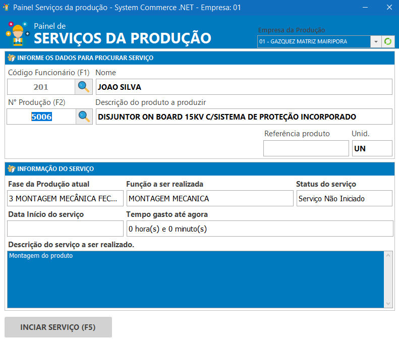 Tela real do Painel de Serviços da Produção do System Commerce
