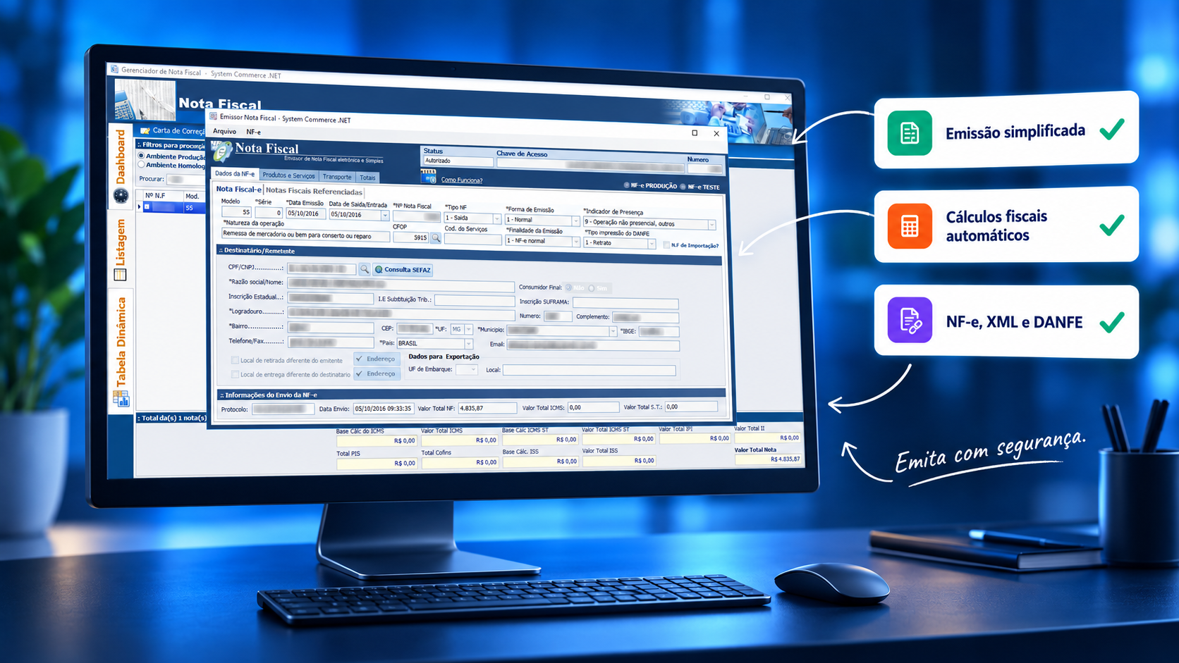 Tela de emissão de nota fiscal do Express NF-e em um monitor, com os destaques emissão simplificada, cálculos fiscais automáticos e NF-e, XML e DANFE