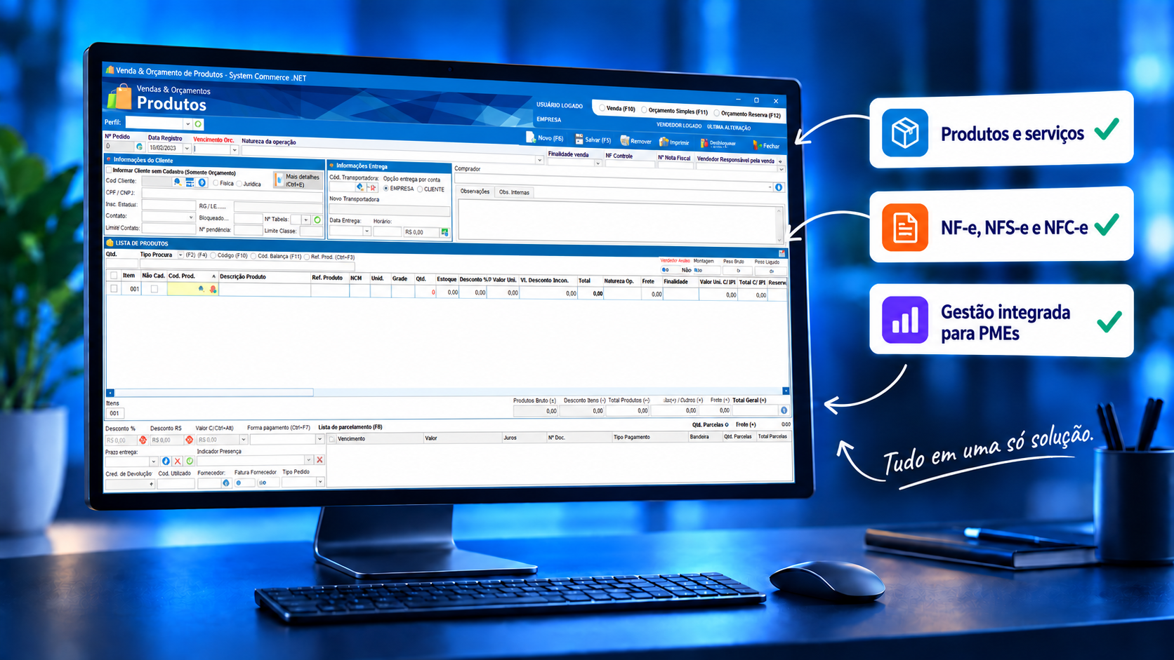 Express Premium em uso com produtos, serviços, documentos fiscais e gestão integrada para PMEs