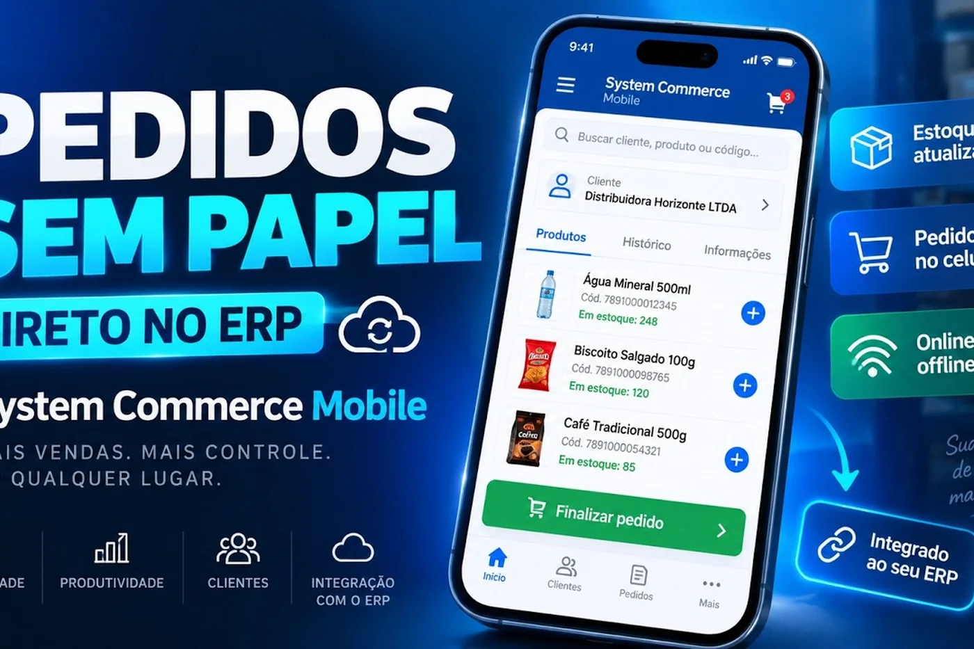 Vendedor fazendo pedido de venda no celular com o System Commerce Mobile, integrado ao ERP