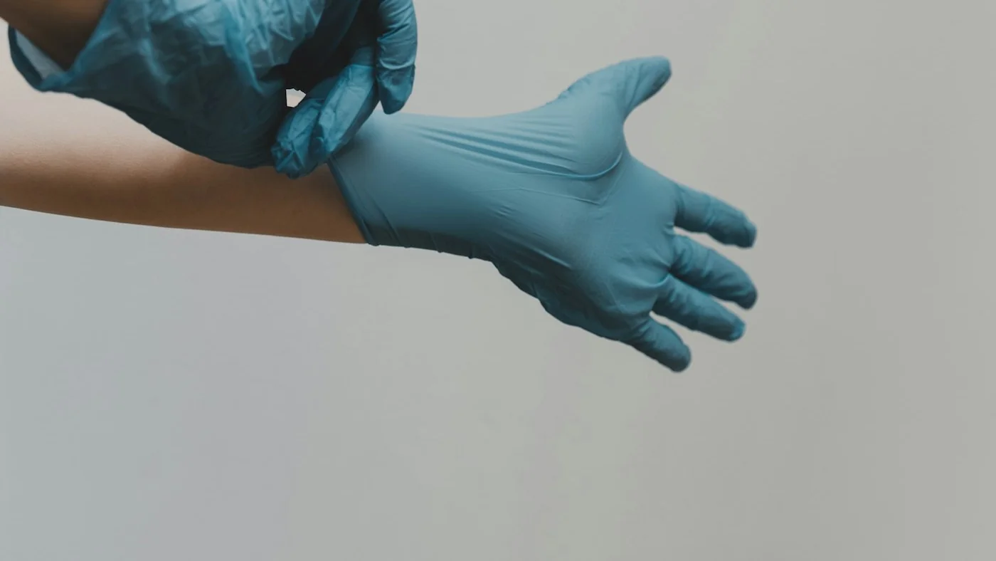 Profissional colocando luvas médicas descartáveis