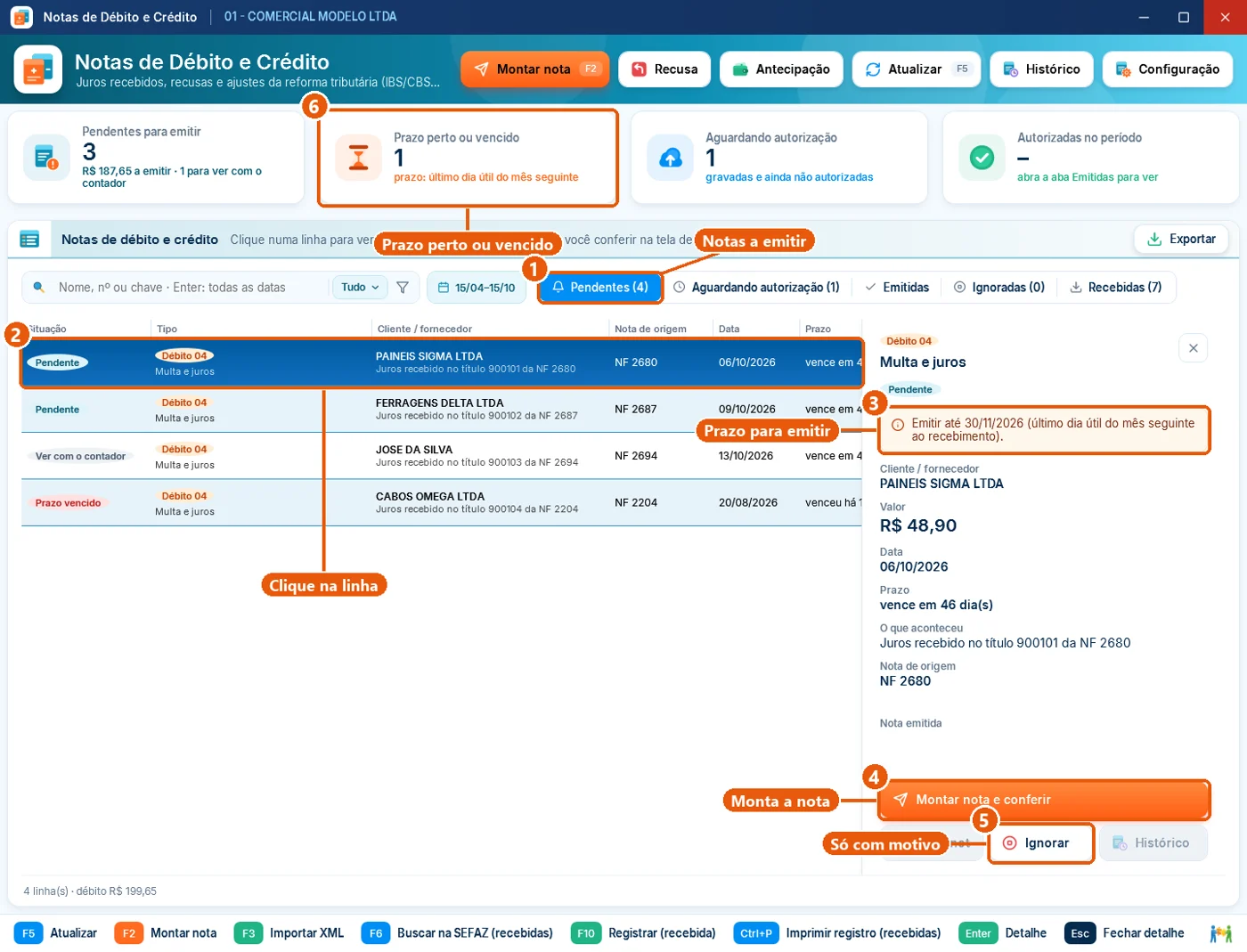 Tela da Central de Notas de Débito e Crédito do System Commerce com as notas de juros pendentes, o prazo de emissão e o botão Montar nota