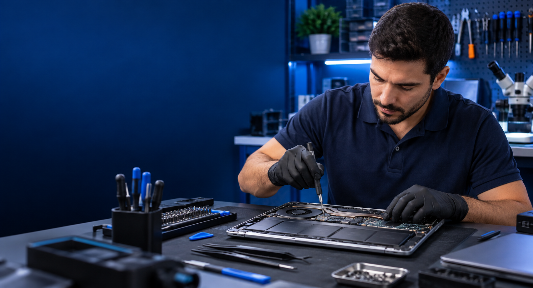 Técnico realizando manutenção em um notebook