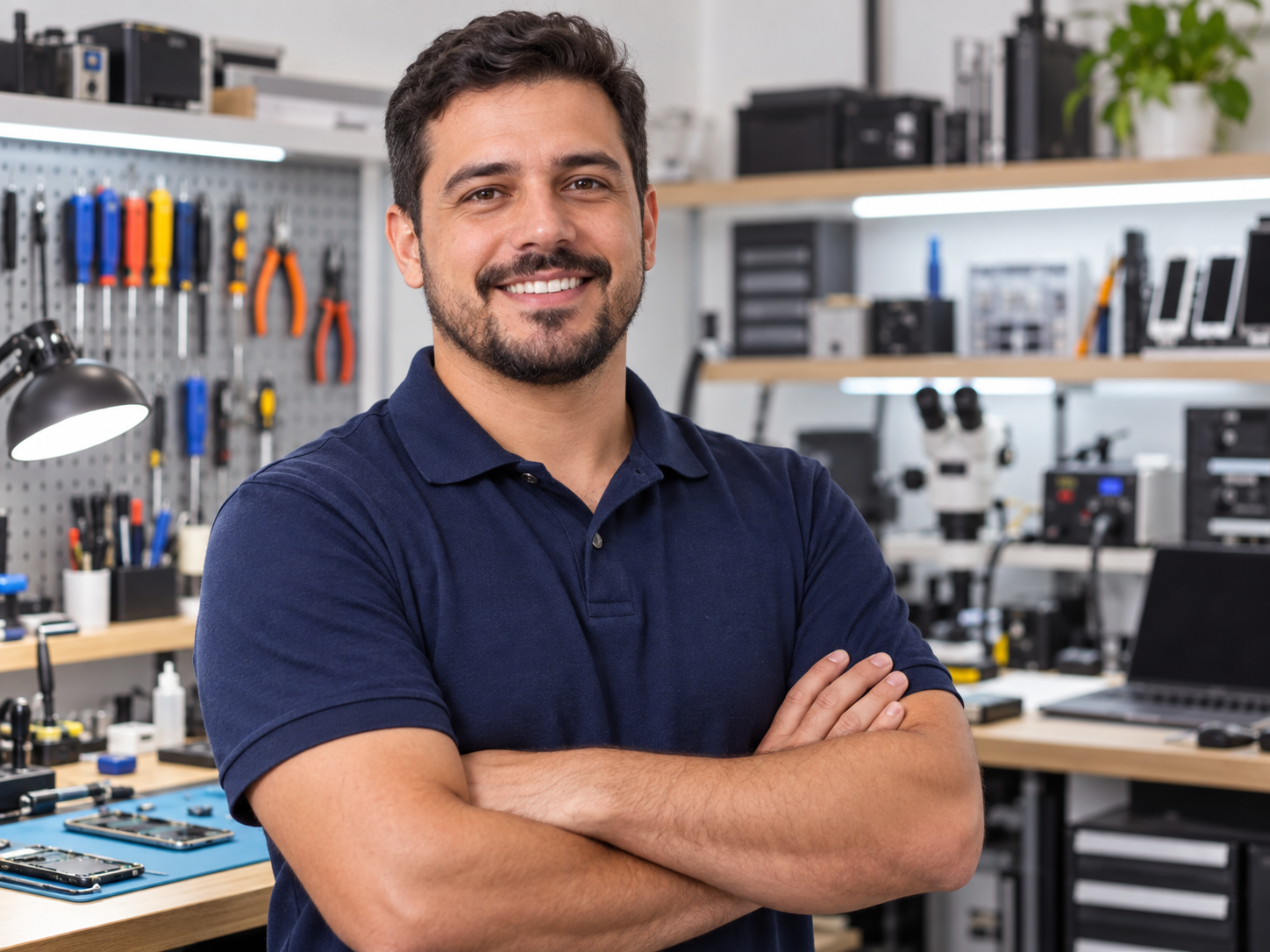 Profissional de assistência técnica na bancada