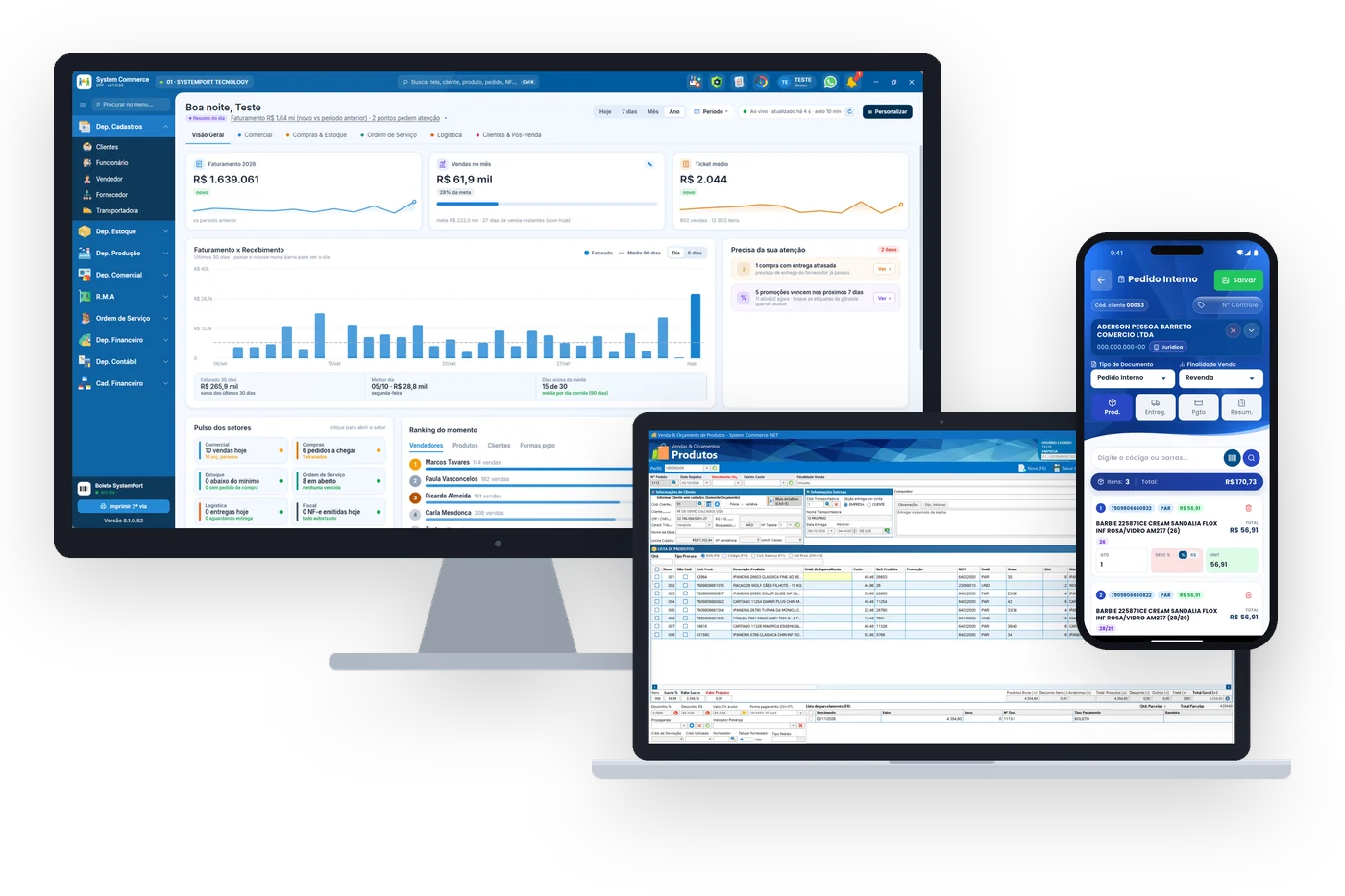 Versão Full do System Commerce no monitor, no notebook e no celular: painel do gestor com faturamento, pedido de venda e app de vendas