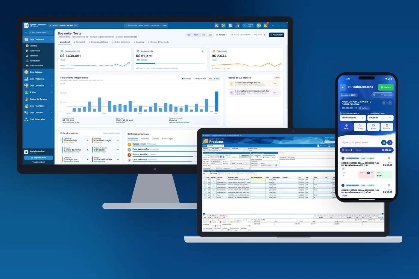Telas do System Commerce Versão Full em notebook e monitores, com produção, estoque e financeiro no mesmo ERP