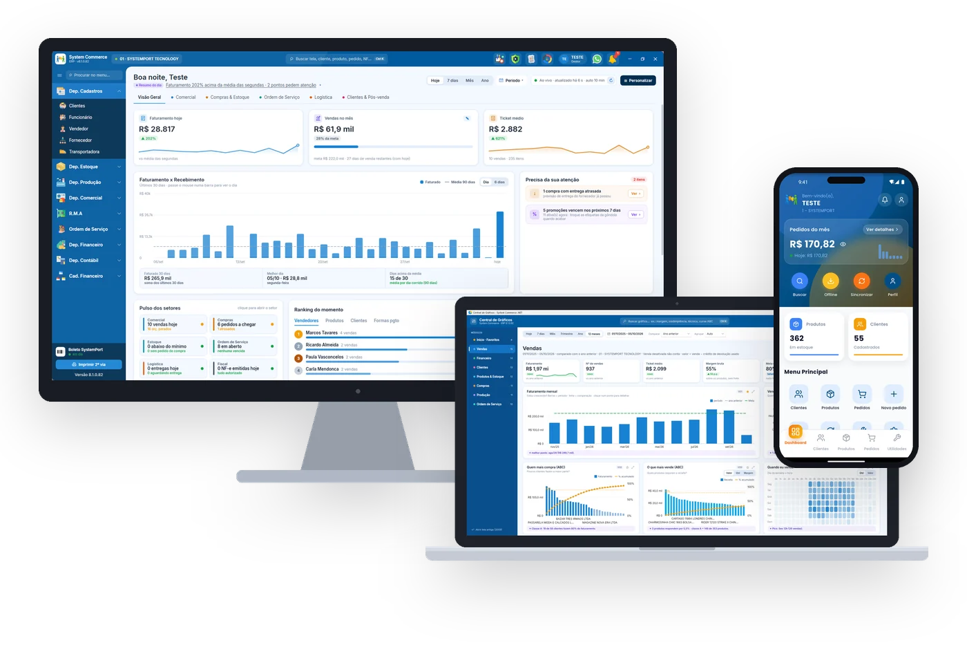 Painel do gestor do System Commerce no monitor, Central de Gráficos no notebook e app de vendas no celular