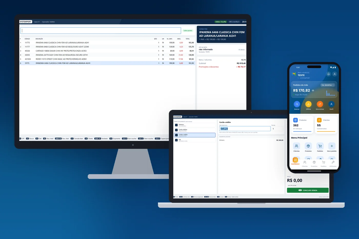Frente de caixa novo do System Commerce: venda com itens no monitor e tela de pagamento no notebook