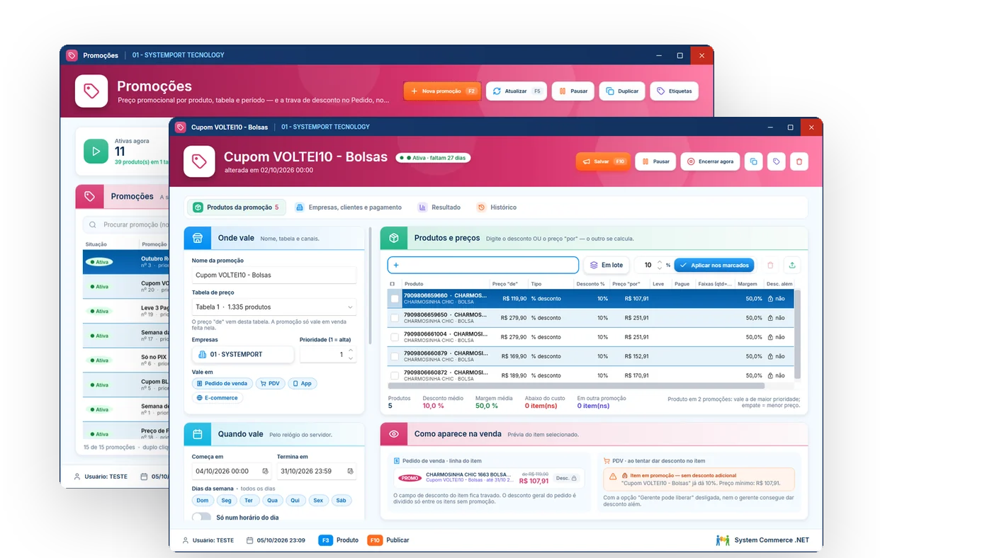 Tela de Promoções do System Commerce com promoções ativas e o detalhe de um cupom