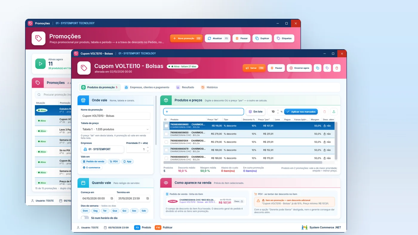 Tela de Promoções do System Commerce com promoções ativas e o detalhe de um cupom